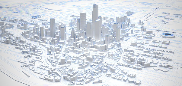 white low poly modern downtown above view. 3d rendering