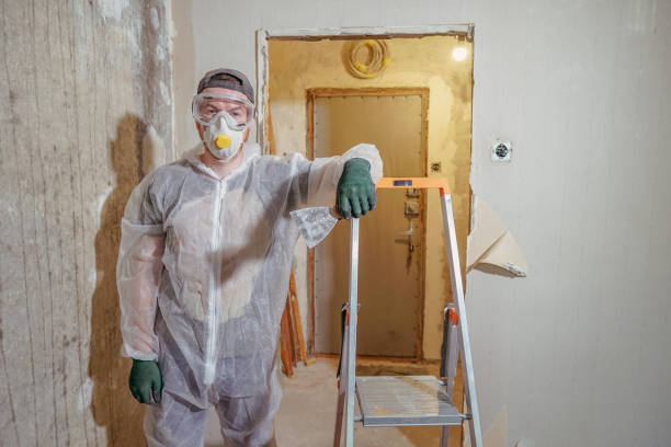 istock Apartment renovation. The builder in a protective suit, respirator and goggles. 1310578910