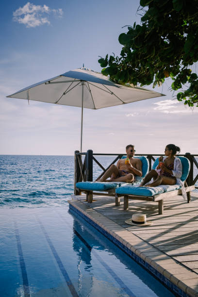 istock Relaxing summer beach , Sunbathing deck and private swimming pool with Palm trees near beach and panoramic sea view at luxury house Curacao 1310585593