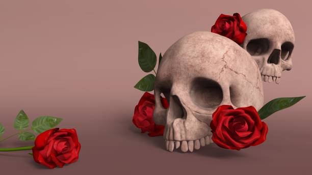 istock 3D humans skulls on brown background with roses. Creatively done  horror and scary skulls. Copy space is available. 1310586831