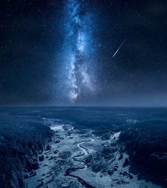 Milky way and falling stars over curvy river and swamps. Milky way and falling stars over curvy river and swamps. Nature in Poland bory tucholskie stock pictures, royalty-free photos & images