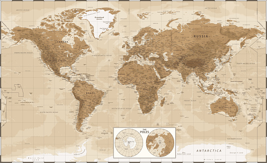World Map and Poles - Vintage Physical Topographic - Vector Detailed