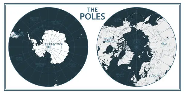 Vector illustration of The Poles - North Pole and South Pole - Vector Detailed Illustration. Black and White