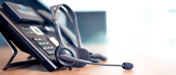 istock Communication support, call center and customer service help desk. VOIP headset for customer service support (call center) concept 1310588506