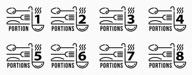 ilustrações de stock, clip art, desenhos animados e ícones de concept for product packaging or menu. labeling - no number of servings per dish. cutlery and scoop with aromatic steam and numerical recommended servings. vector set. - chef appetizer soup food