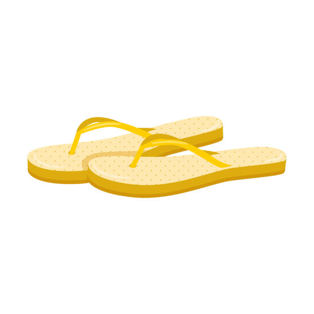 Yellow summer, beach flip-flops, shoes for the sea and pool. A pair of women's open sneakers. Flat color vector illustration. Isolated on white. Yellow summer, beach flip-flops, shoes for the sea and pool. A pair of women's open sneakers. Flat color vector illustration. Isolated on white flip flop stock illustrations