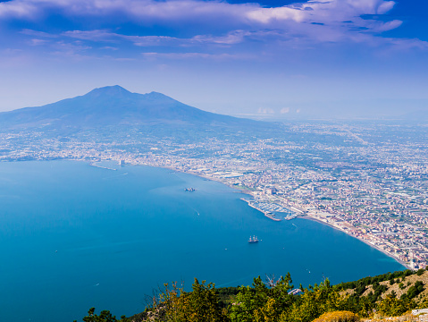 Panoramic view of Castellammare and Torre Annunziata di Stabia bay with mount Vesuvius in background, Naples, Italy