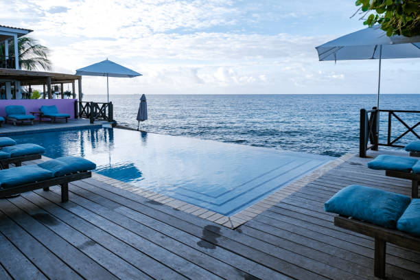istock Relaxing summer beach , Sunbathing deck and private swimming pool with Palm trees near beach and panoramic sea view at luxury house Curacao 1310594482