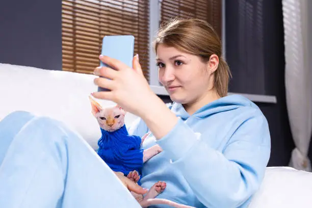Photo of Glad young female taking selfie on smartphone with lovely serious sphynx looking at camera lying on white sofa bed in studio on home office background
