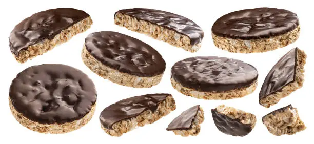 Chocolate rice cakes, chocolate covered puffed rice bread isolated on white background with clipping path