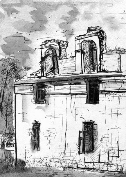 istock Old town watercolor and ink illustration. Old house wall hand drawn ink graphic. 1310596230