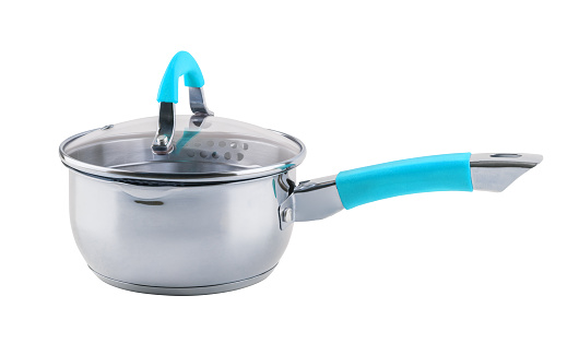 small shiny stainless steel pot with blue cyan silicon handle and glass lid - isolated on white background