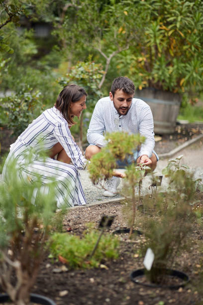istock young caucasian couple exploring botanical garden, touching plants 1310597460