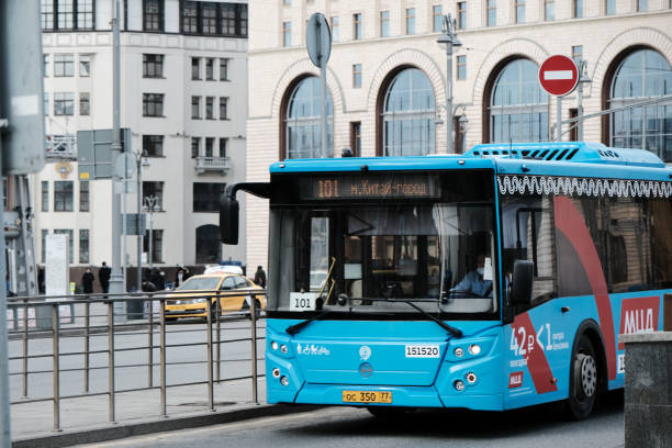 Moscow, Russia - April 03, 2021: Public bus is driving on the street