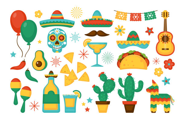 cinco de mayo mexikanische nertag elemente gesetzt. grußkarte, poster und banner-vorlage-design - mexikanische küche stock-grafiken, -clipart, -cartoons und -symbole