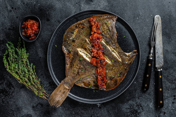 istock Roasted Flatfish or Flounder in a tomato sauce. Black background. Top view 1310609727
