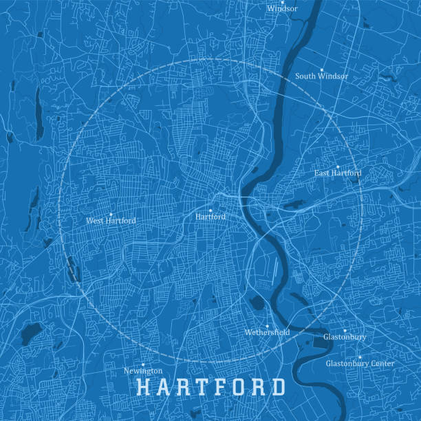 illustrazioni stock, clip art, cartoni animati e icone di tendenza di hartford ct city vector road map blue text - connecticut map
