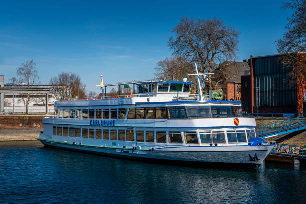 Karlsruhe, Germany - March 06, 2021: Tourboat Karlsruhe in port of Karlsruhe waiting for tourists coming.