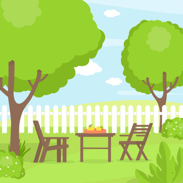 Backyard with grass, trees and modern garden furniture. Back yard with grass, trees and shrubs. Table and chairs garden furniture on the background of the fence. A place for games, recreation and parties. Vector illustration. backyard background stock illustrations