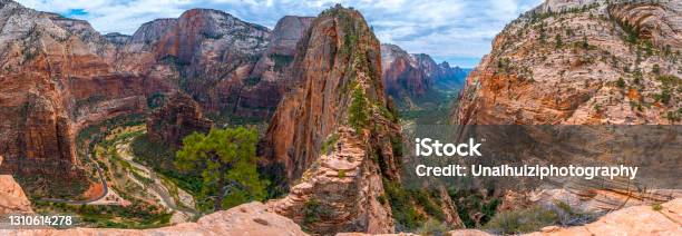 Panoramic Of The Zion Canyon Seen From The Angels Landing Trail High Up In The Mountain In Zion National Park Utah United Statest Stock Photo - Download Image Now
