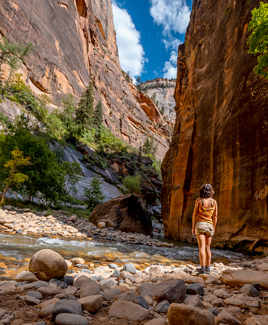 A young woman in the Interior of the Zion national park canyon. United States, vertical photo\