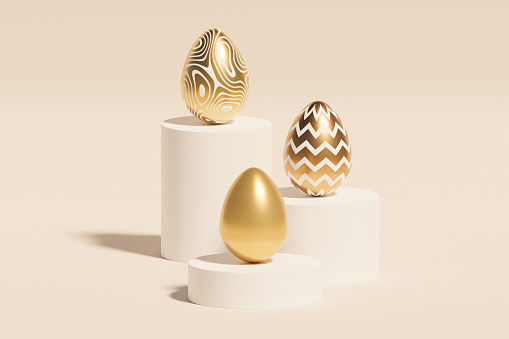Easter eggs decorated with gold textures on podiums, beige background, spring April holidays card, isometric 3d illustration render