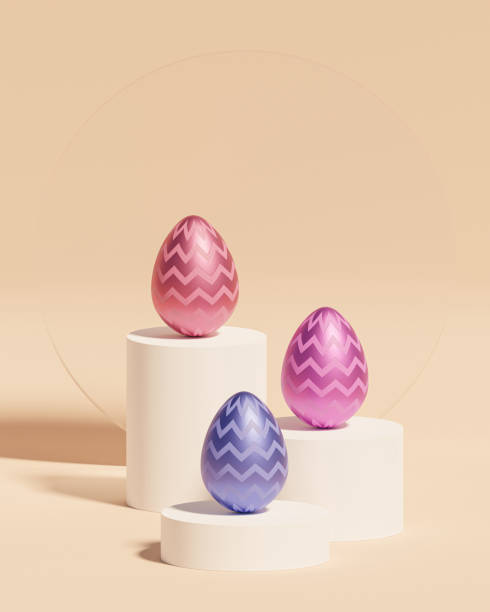 istock Colorful Easter eggs on podiums, beige background, spring April holidays card, isometric 3d illustration render 1310614787