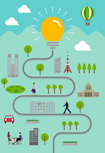 Light bulbs and everyday scenery Vertical banner illustration ( Idea / Inspiration Metaphor  )