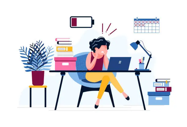Vector illustration of Frustrated female office worker. Exhausted woman tired of the huge amount of work with a discharged battery. Deadline. Stress, depression at work. Workplace burnout concept.
