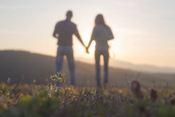 istock Heterosexual couple holding hands and looking at sunset 1310618188