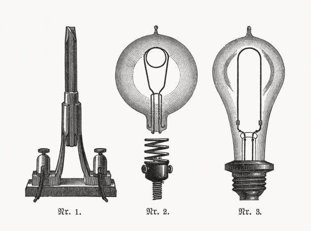 First elektric lamps, wood engravings, published in 1893 First elektric lamps: 1) Yablochkov candle (electric carbon arc lamp, 1876) by Pavel Yablochkov (Russian electrical engineer, businessman and inventor, 1847 - 1894); 2) Lightbulb (1879) by Sir Joseph Wilson Swan (English physicist, chemist, and inventor, 1828 - 1914); 3) Lightbulb (1879) by Thomas Alva Edison (American inventor and businessman, 1847 - 1931). Wood engravings, published in 1893. physics illustrations stock illustrations