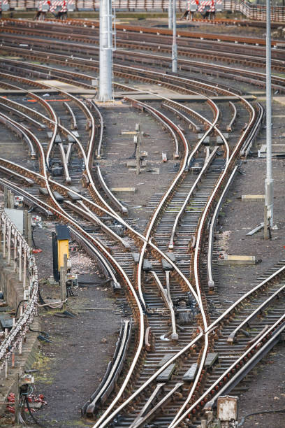 Railway tracks, railroad junction at a train station. London, UK