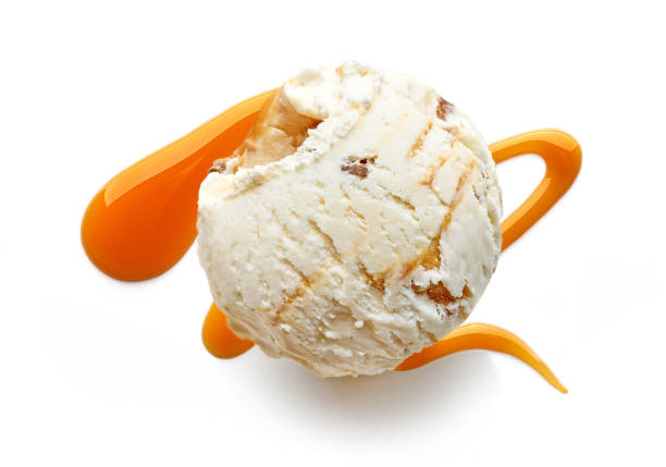ice cream ball and caramel sauce ice cream ball and caramel sauce isolated on white background, top view scoop shape photos stock pictures, royalty-free photos & images