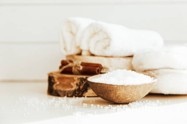 istock Beautiful spa composition on wooden table. Spa set 1310620288