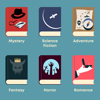 Set of books with themed covers: mystery, science fiction, adventure, fantasy, horror, romance.