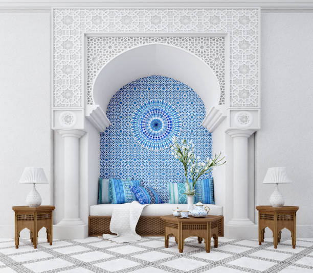 istock Arabic,Islamic style living room interior design with arch and arabic pattern.3d rendering 1310620454