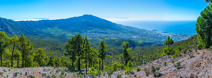 Aerial view of La Palma from hiking trail to Pico Bejenado, Canary islands, Spain.