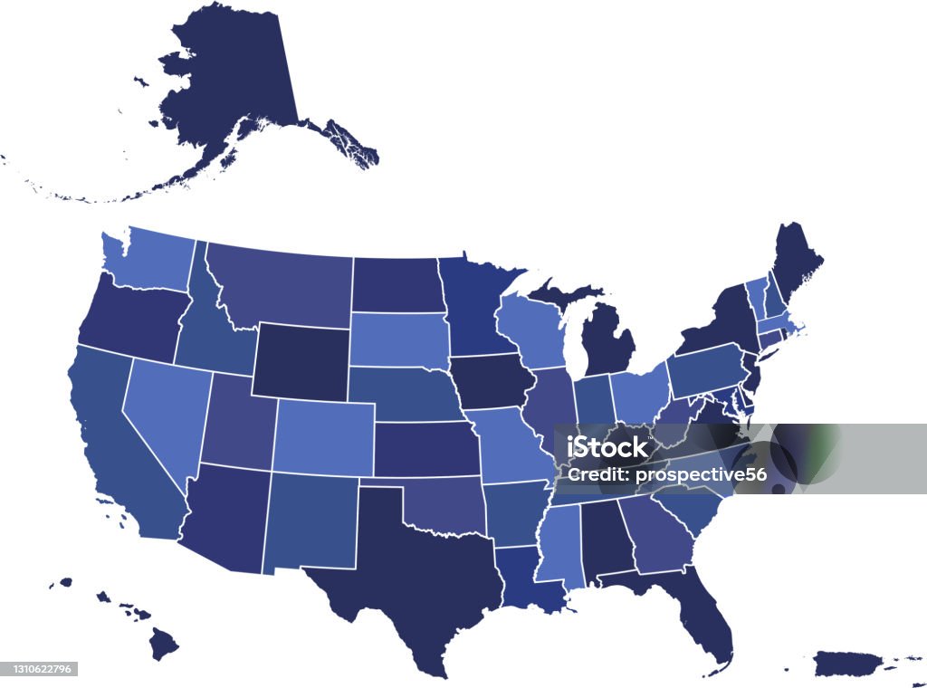 USA map states blank printable Downloadable blue color gradient map of United States of America. The spatial locations of Hawaii, Alaska and Puerto Rico approximately represent their actual locations on the earth. USA stock vector