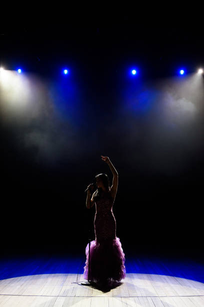 istock Singing woman silhouette with smoke background on the stage. 1310625063