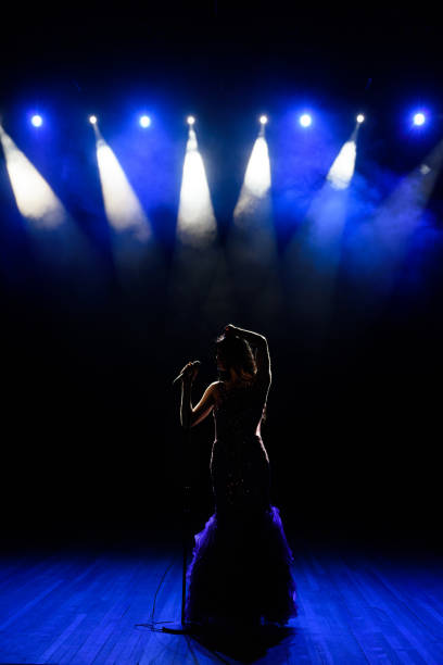 istock Singing woman silhouette with smoke background on the stage. 1310625069