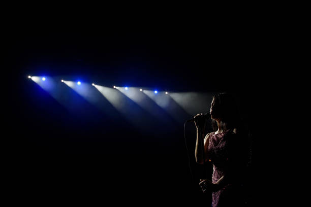 istock Singing woman silhouette with smoke background on the stage. 1310625083