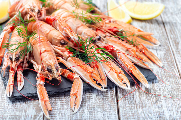 istock Sea crayfishes on stone plate served with dill and lemon, horizontal 1310626660