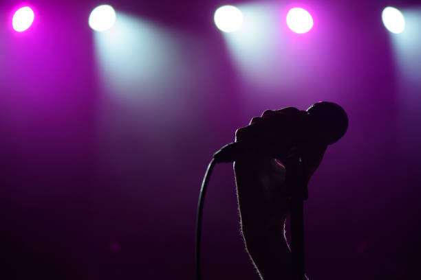 istock Microphone in hand singer on the stage. 1310629039