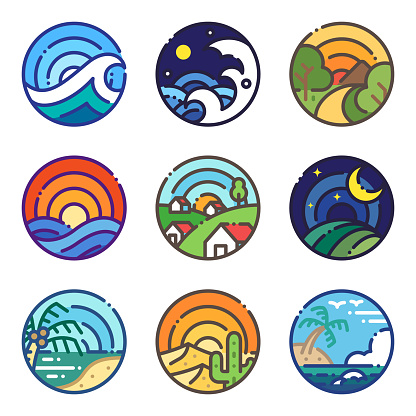 Landscape travel scene view colored line icon. Holiday trip illustration flat design style round shape.