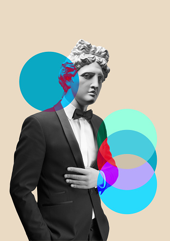 Modern art collage. Concept portrait fashion man in coat. Gypsum head of Apollo.