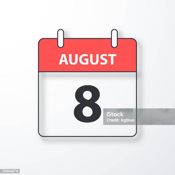 August 8 Daily Calendar Black Outline With Shadow On White Background