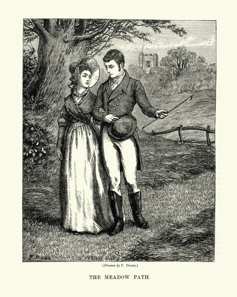 ilustrações, clipart, desenhos animados e ícones de jovem casal apaixonado andando no campo de braço dado no século 19 - couple love old fashioned traditional culture
