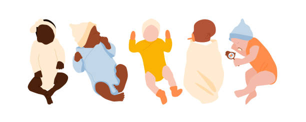 추상적인 다민족 신생아 세트. 얼굴없는 밝은 초상화 아기의 컬렉션. 흰색 배경에 격리된 최소 벡터 그림 - new born baby stock illustrations