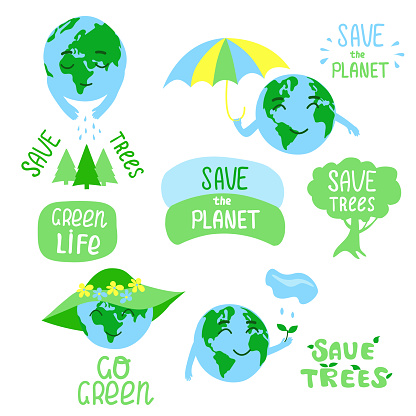 Set of ecological label.Save the Planet, Earth day, Go Green, Save trees concept quotes set. Illustration of Earth, hand drawn ecology lettering, design poster, t shirt design, sticker, emblem, banner