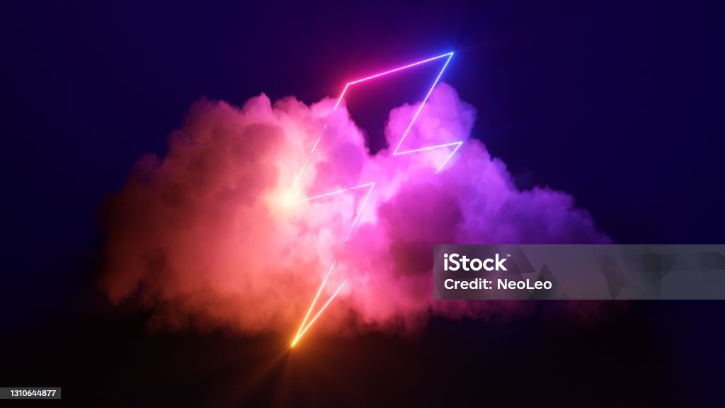 3d render, abstract background with cloud and neon lightning sign in the night sky. Stormy cumulus with glowing geometric shape Cloud - Sky Stock Photo